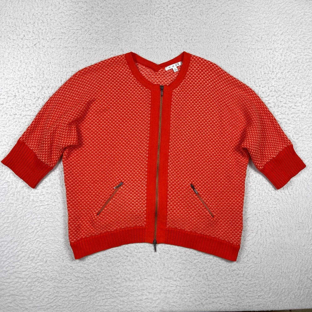 Cabi Cardigan Womens L Orange Zip Up Short Sleeve Cotton Textured Knit Sweater